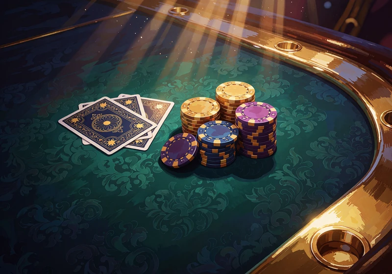 Zakryte karty i stosy fioletowych oraz złotych żeton&oacute;w na zielonym suknie - gry stołowe w kasynie online Goldbet