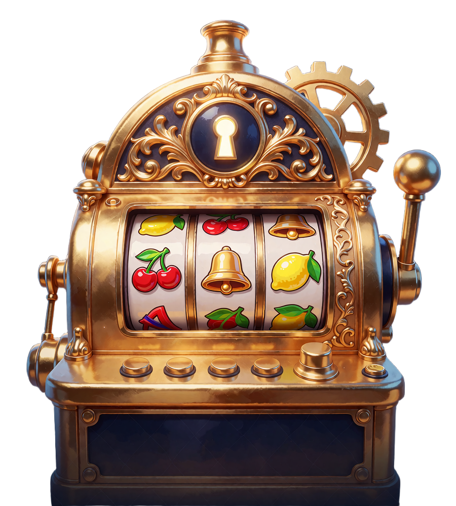 Złota maszyna slotowa z dziurką od klucza w koronie i dźwignią - symbol popularnych slot&oacute;w w Goldbet Casino